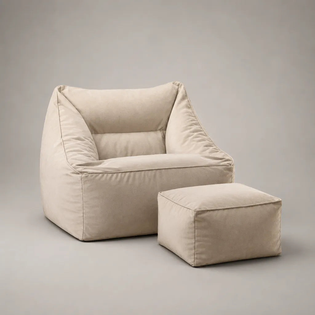 Ensemble 2 pièces en tissu beige avec fauteuil de détente 80 × 85 × 80 cm et repose-pieds 50 × 40 × 35 cm