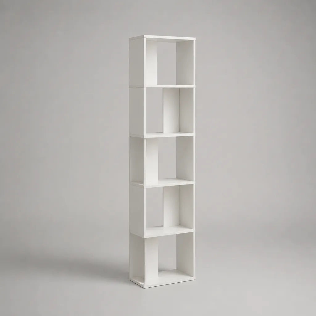 Bibliothèque colonne blanche à 5 niches en panneaux de particules mélaminés, 30 × 24 × 150 cm