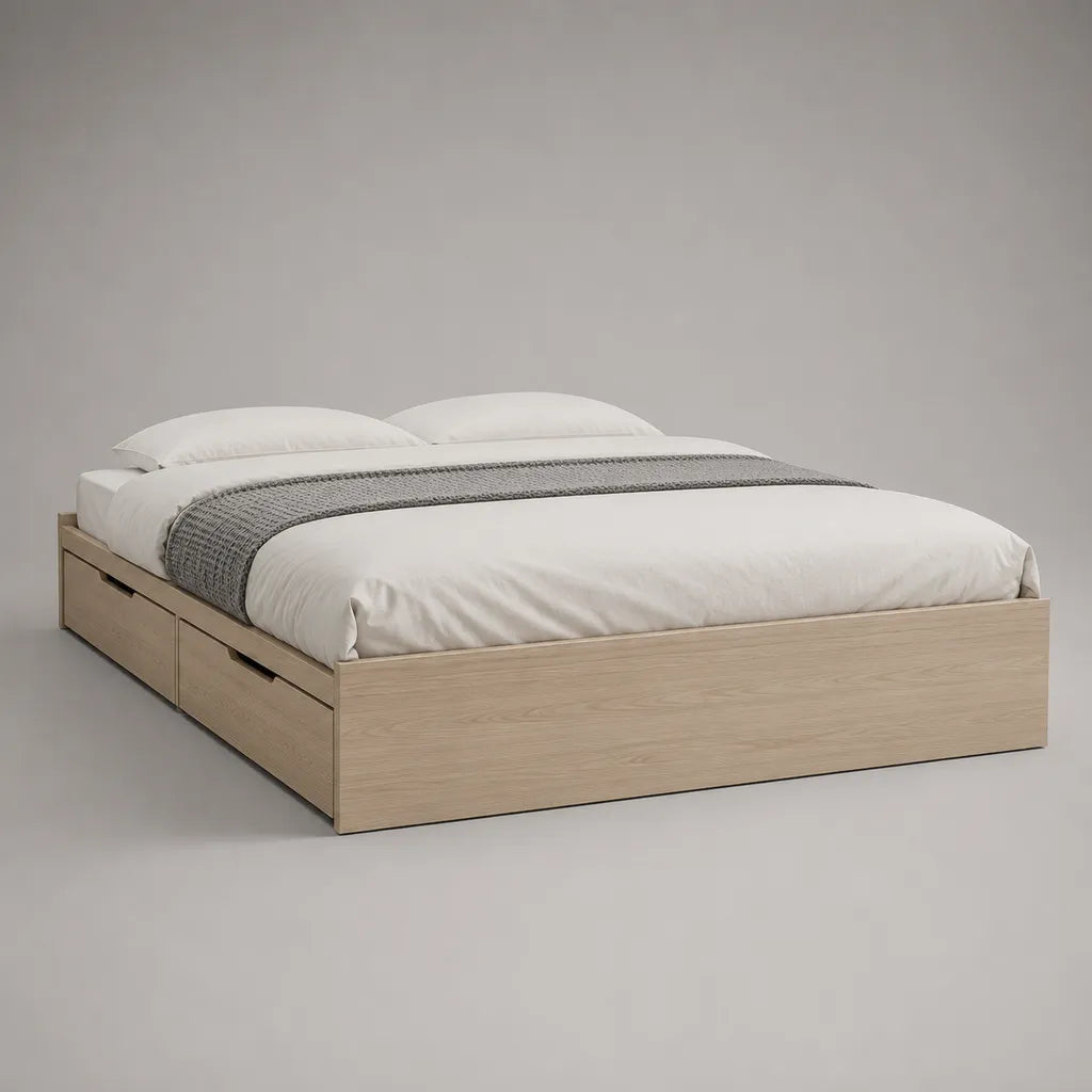 Lit double en bois avec sommier à lattes et 2 tiroirs de rangement, couchage 160 × 200 cm, chêne clair
