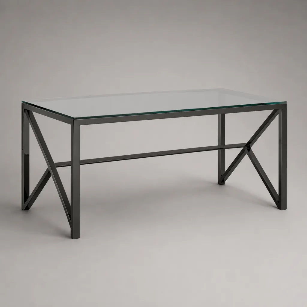 Table à manger rectangulaire en verre trempé et acier noir, 140 × 80 × 75 cm