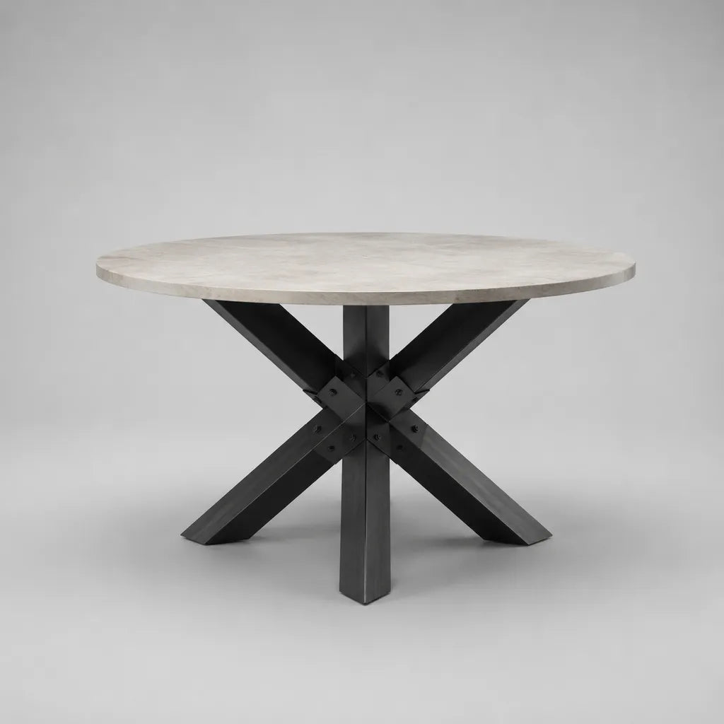 Table à manger ronde en bois et métal, blanc marbré et noir, Ø 120 × H 76 cm