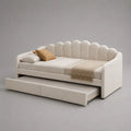 Canapé-lit gigogne 2 couchages en tissu bouclette ivoire, dossier festonné, 218 × 99 × 95 cm, couchages 90 × 200 cm