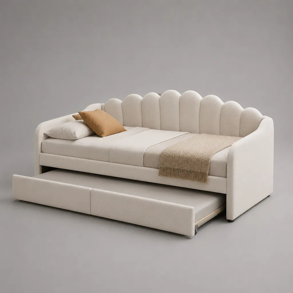 Canapé-lit gigogne 2 couchages en tissu bouclette ivoire, dossier festonné, 218 × 99 × 95 cm, couchages 90 × 200 cm