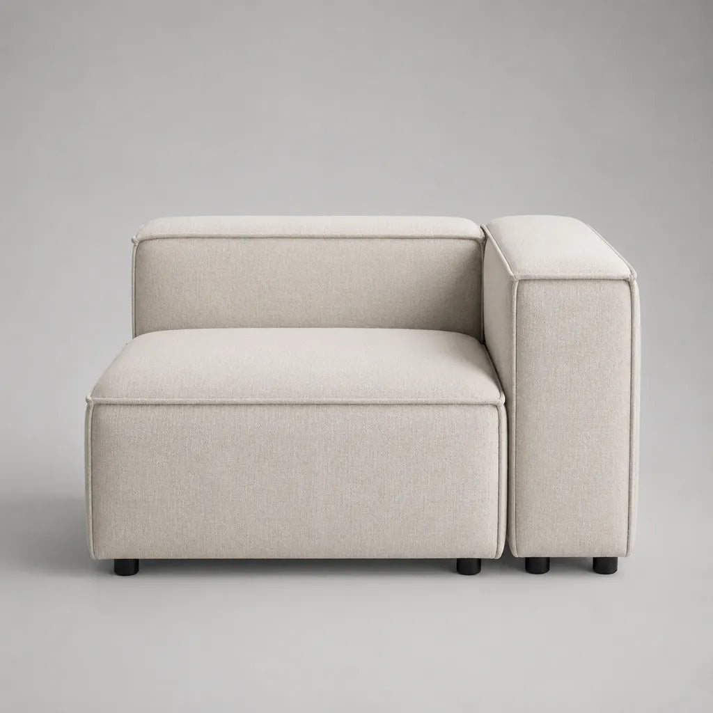 Fauteuil asymétrique 1 place en tissu écru avec accoudoir droit, 103 × 88 × 72 cm