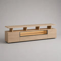 Meuble TV bas en panneaux MDF et métal avec rangements et éclairage LED, chêne clair et noir, 200 × 40 × 65 cm