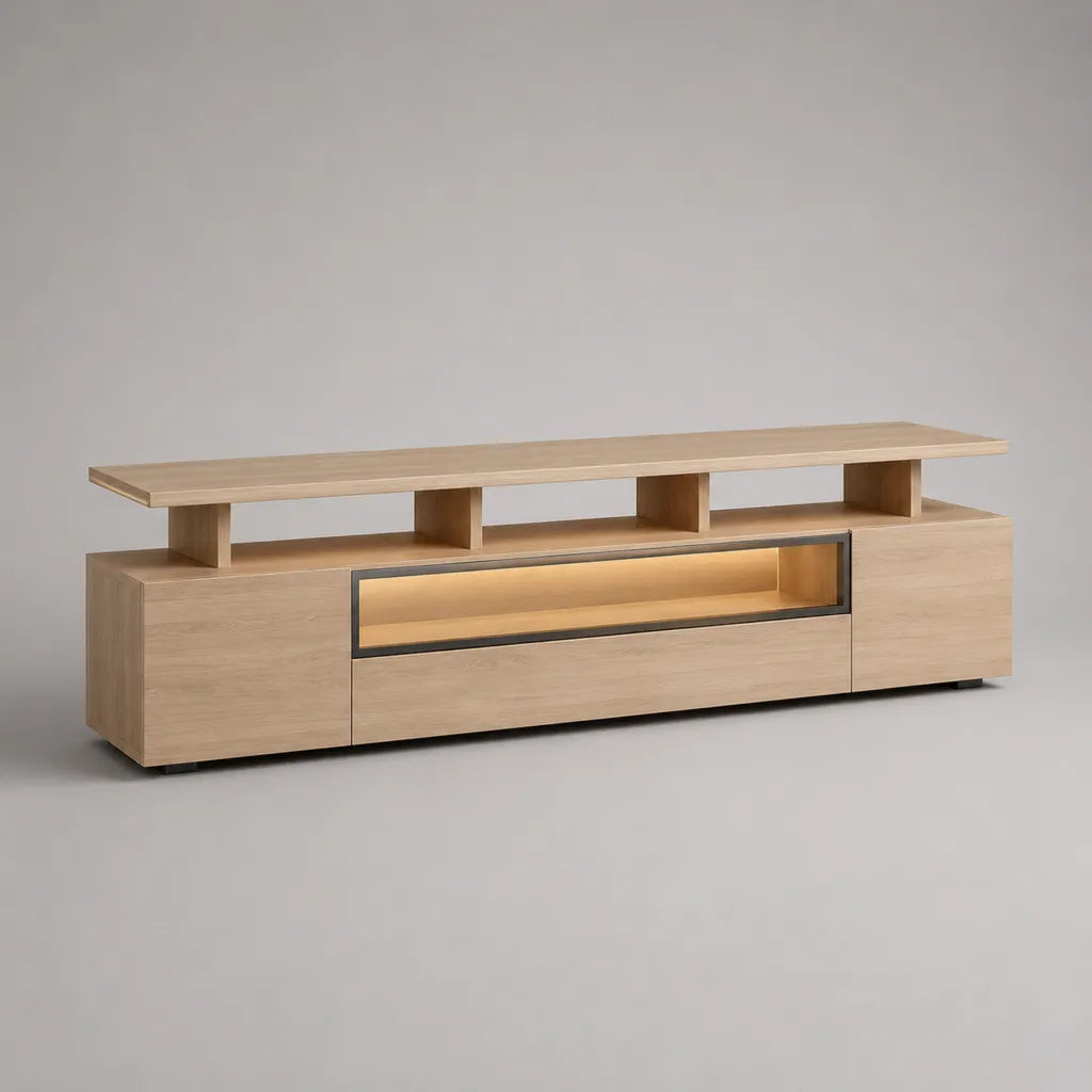 Meuble TV bas en panneaux MDF et métal avec rangements et éclairage LED, chêne clair et noir, 200 × 40 × 65 cm