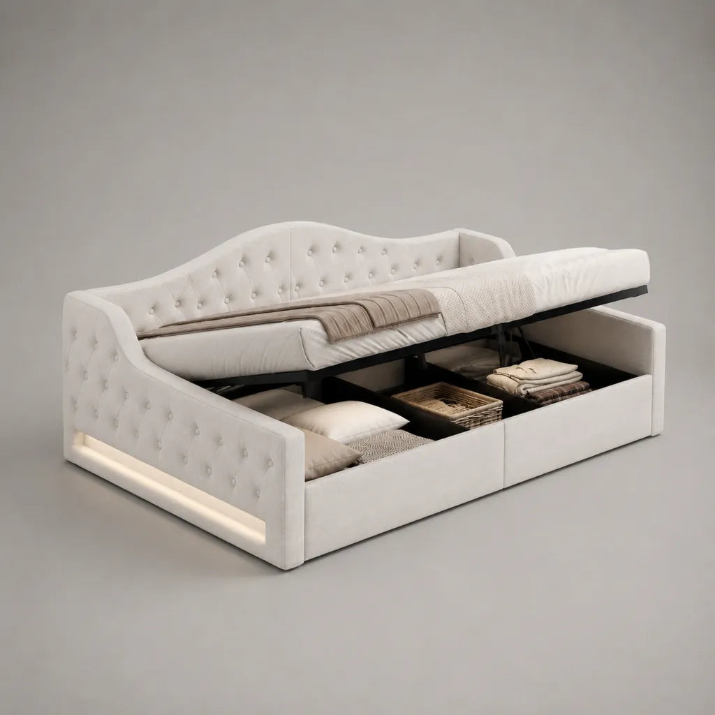 Lit banquette coffre 1 place 90 × 200 cm en velours polyester capitonné blanc cassé