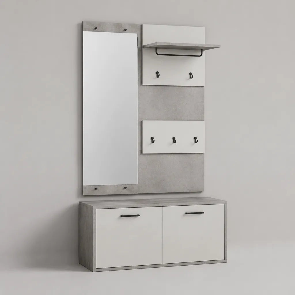 Ensemble meuble d’entrée avec miroir, patères, étagère et meuble à chaussures, blanc, gris béton et noir, 100 × 32 × 190 cm