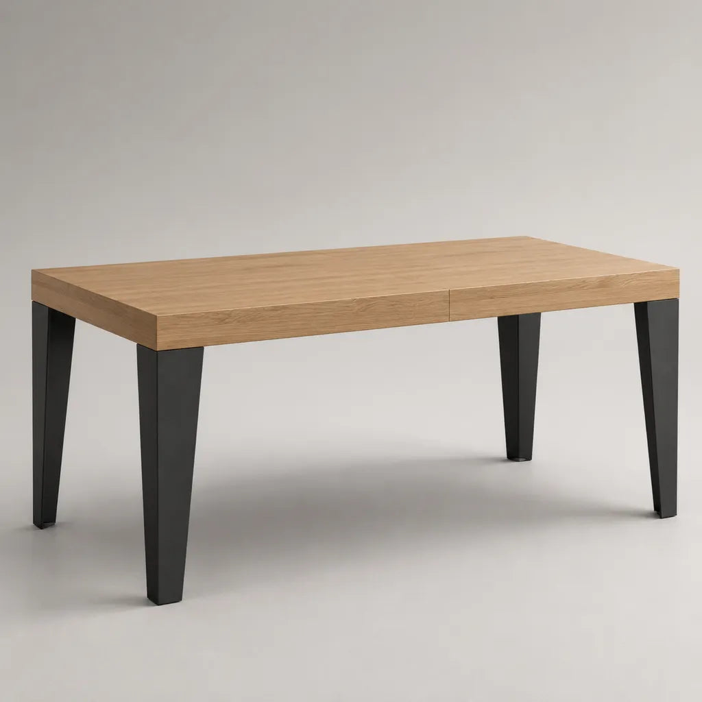 Table à manger extensible rectangulaire en panneau MDF plaqué chêne et acier, chêne naturel et noir, 140-180 × 80 × 75 cm