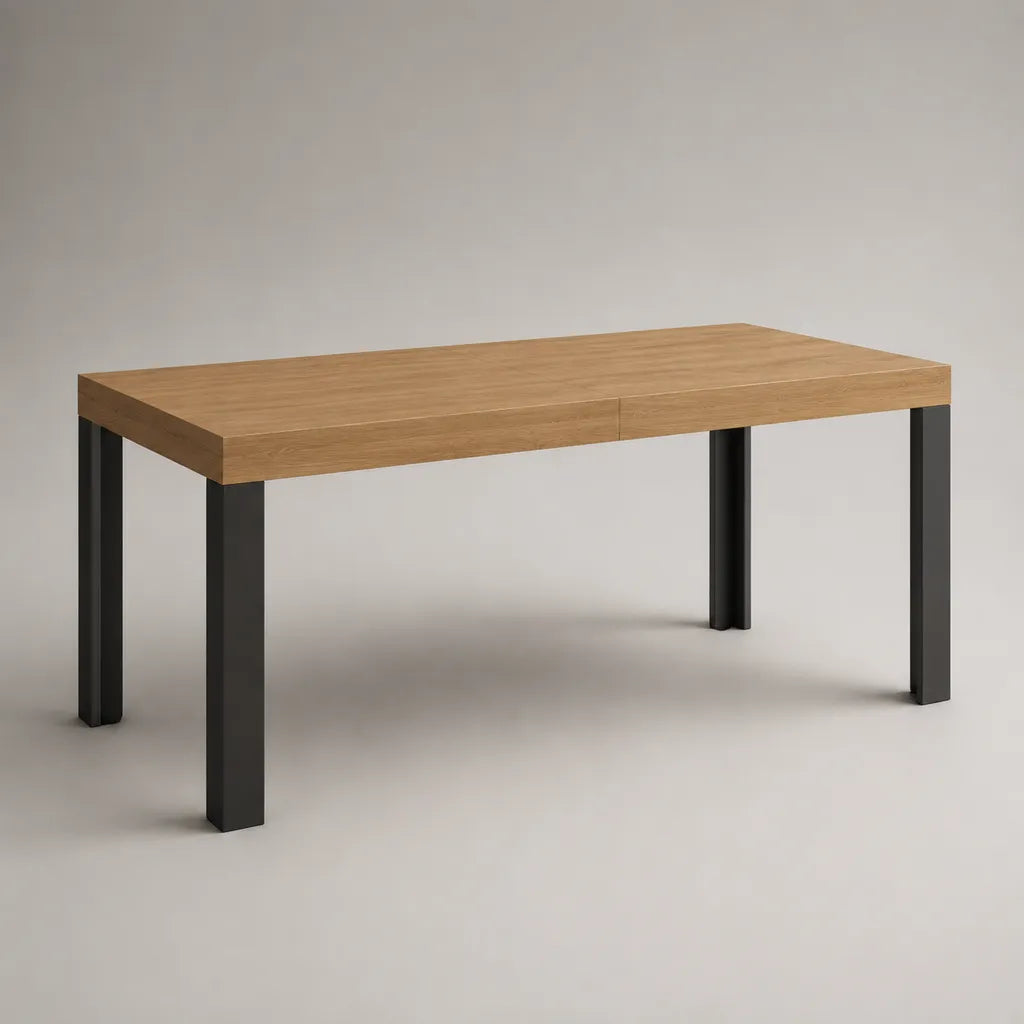 Table à manger extensible rectangulaire effet chêne et acier noir, 140-180 × 80 × 75 cm