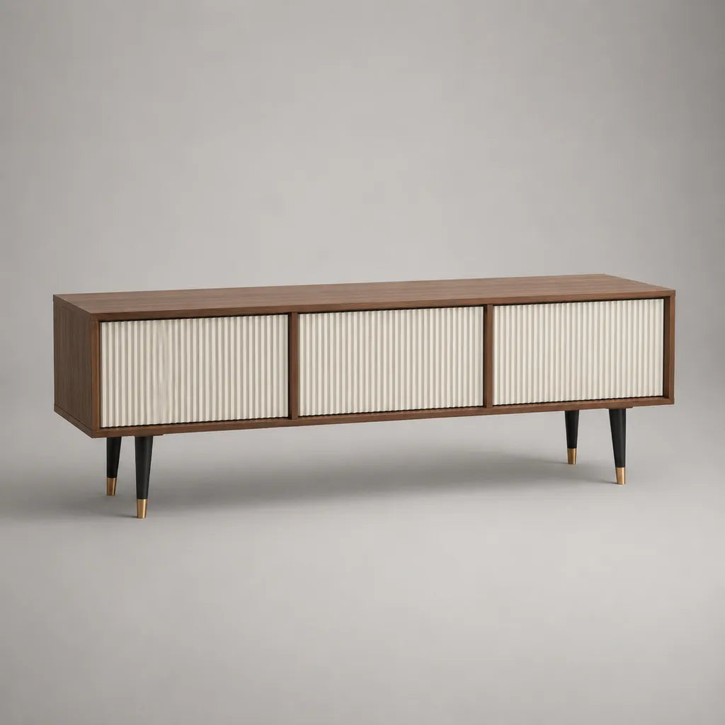 Meuble TV bas en bois et métal à 3 portes, brun noyer, crème, noir et doré, 160 × 40 × 60 cm