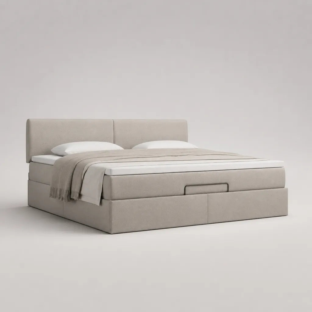 Lit coffre double beige en tissu polyester avec tête de lit rembourrée, couchage 160 x 200 cm, dimensions 217 x 170 x 105 cm