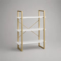 Bibliothèque ouverte à 3 niveaux en MDF mélaminé et acier, blanc et doré, 80 × 30 × 120 cm