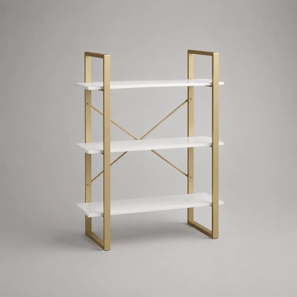 Bibliothèque ouverte à 3 niveaux en MDF mélaminé et acier, blanc et doré, 80 × 30 × 120 cm