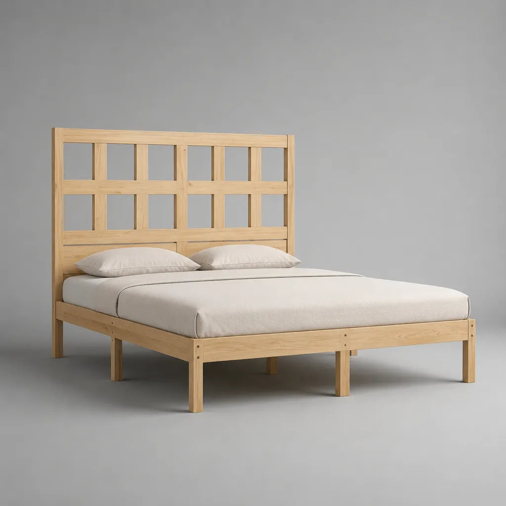 Lit double 160 × 200 cm en pin massif naturel avec sommier à lattes et tête de lit à grille, dimensions totales 168 × 209 × 150 cm