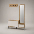 Ensemble d’entrée 2 pièces en bois et métal avec meuble à chaussures, miroir et patère à 5 crochets, chêne clair, blanc et noir, 120 × 35 × 180 cm