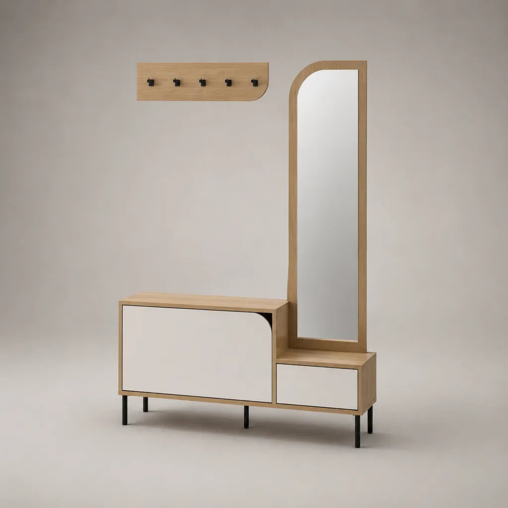 Ensemble d’entrée 2 pièces en bois et métal avec meuble à chaussures, miroir et patère à 5 crochets, chêne clair, blanc et noir, 120 × 35 × 180 cm