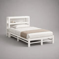 Lit double en pin massif blanc avec tête de lit étagère, couchage 140 × 190 cm, dimensions 148 × 205 × 120 cm