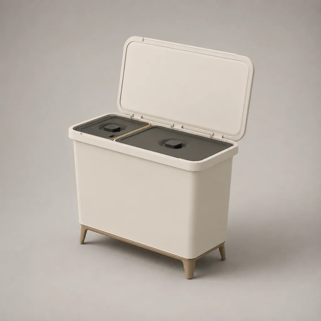 Poubelle de cuisine double compartiment 40 L en PP, blanc cassé, gris foncé et beige, 60 × 32 × 58 cm