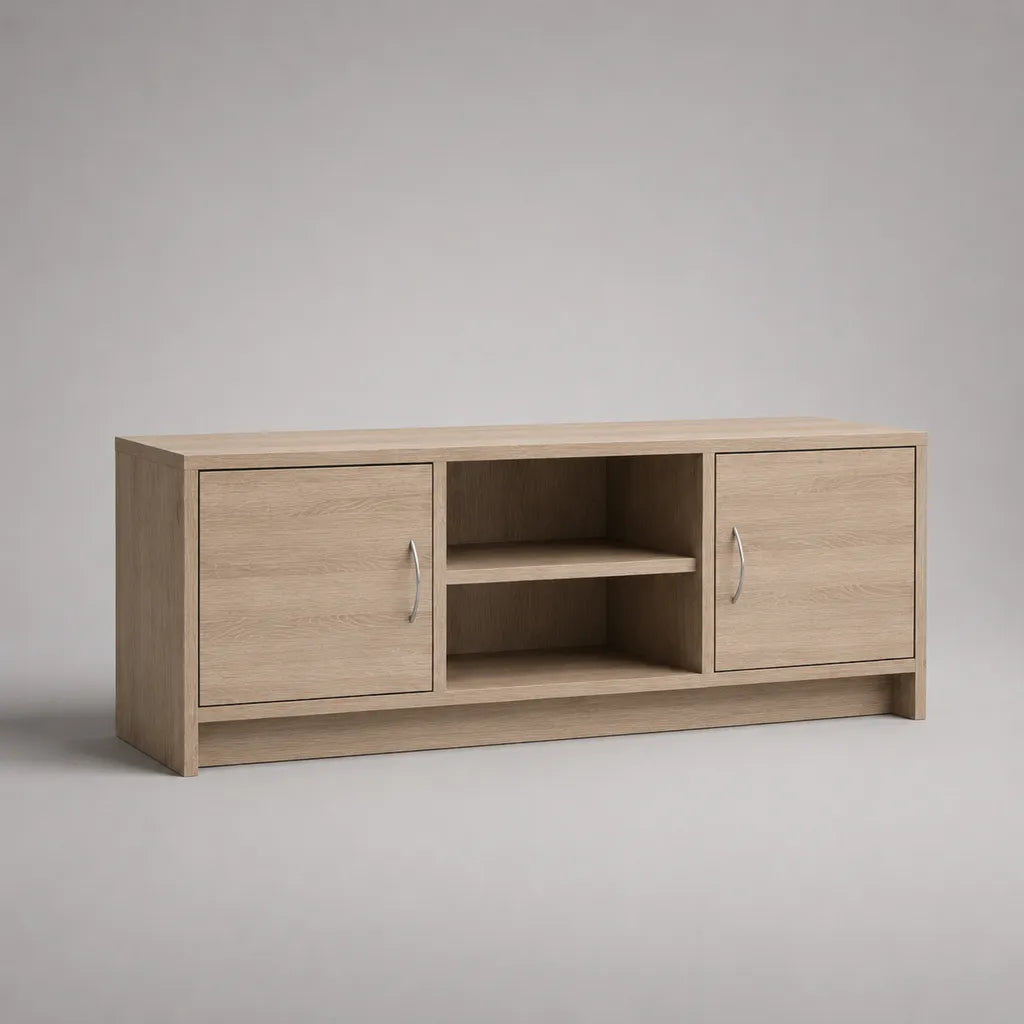 Meuble TV rectangulaire en panneaux de particules mélaminés chêne clair avec 2 portes et 2 niches, 120 × 40 × 50 cm