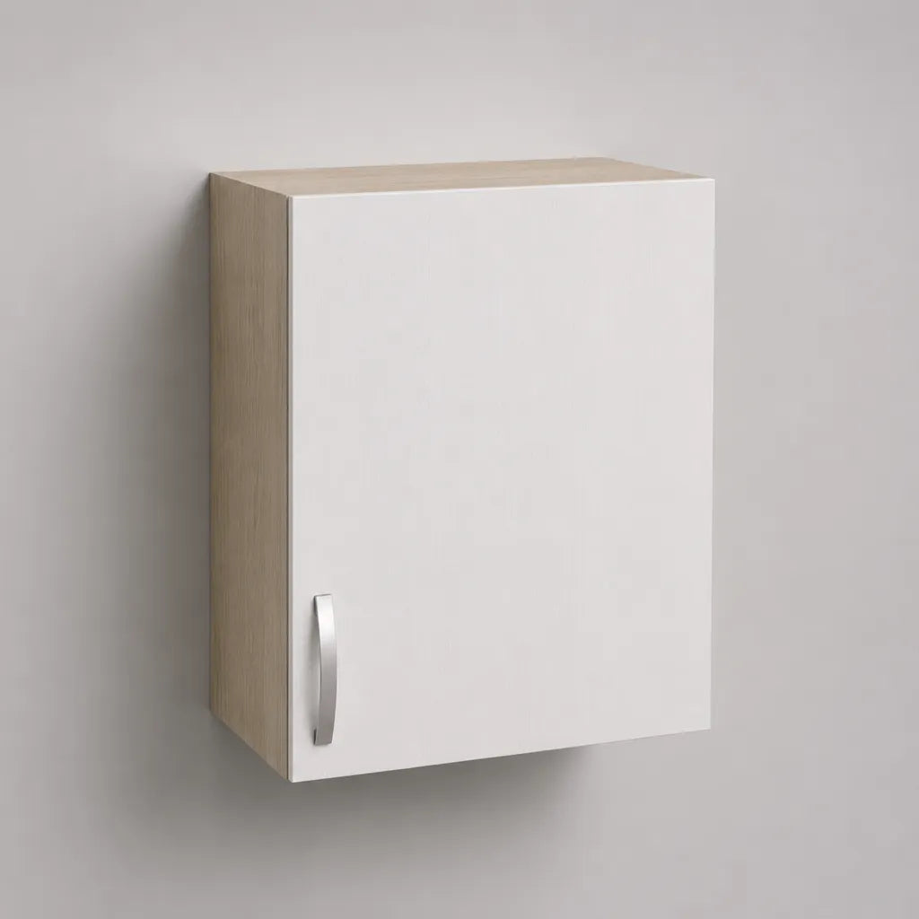 Meuble haut de cuisine mural à 1 porte en panneaux de particules, blanc et chêne clair, 60 × 32 × 70 cm