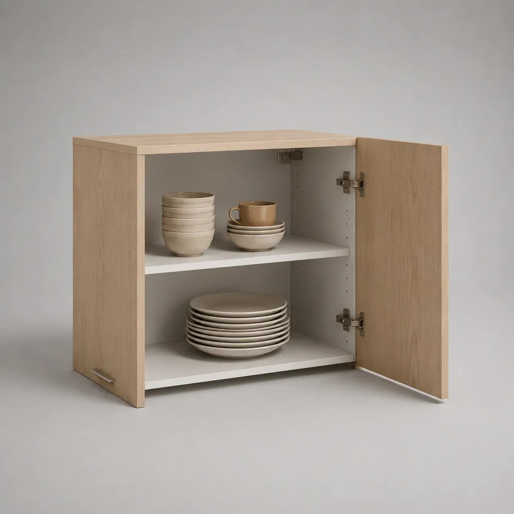 Meuble bas de cuisine rectangulaire à 2 portes en panneaux de particules mélaminés chêne clair et blanc, 80 × 35 × 80 cm