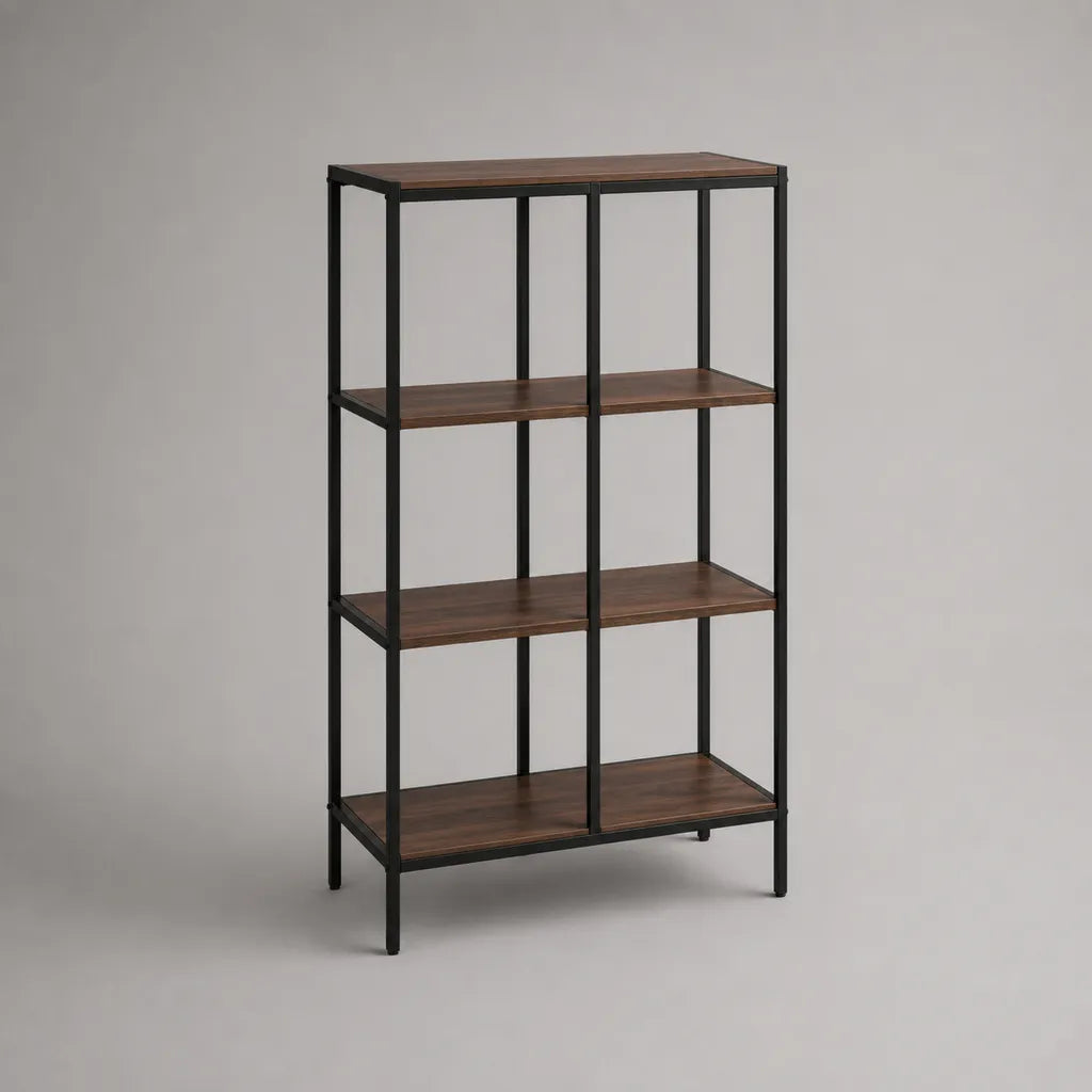 Étagère sur pied rectangulaire à 4 niveaux en acier et panneaux de particules, marron et noire, 80 × 35 × 120 cm