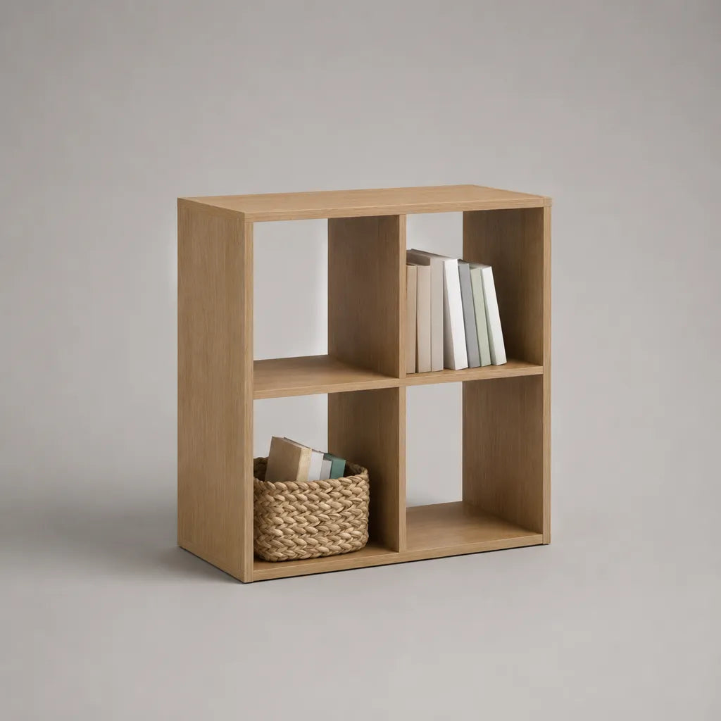 Bibliothèque carrée 4 cases en panneaux de particules, chêne clair, 80 x 30 x 80 cm