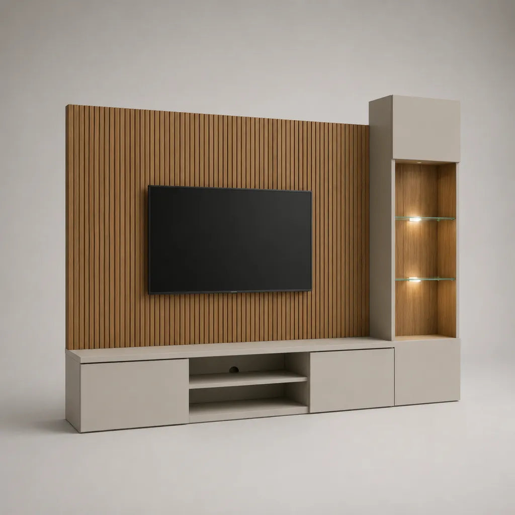 Ensemble mural pour téléviseur en bois et verre avec vitrine éclairée, blanc mat et chêne naturel, 240 × 40 × 200 cm