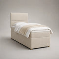 Lit simple rembourré rectangulaire en polyester beige clair, couchage 90 × 190 cm, dimensions 203 × 98 × 140 cm