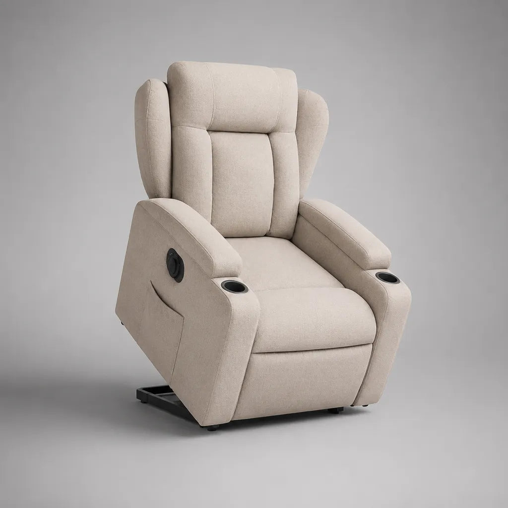 Fauteuil relax inclinable manuel à dossier haut en tissu beige avec repose-jambes et 2 porte-gobelets, 88 × 96 × 106 cm