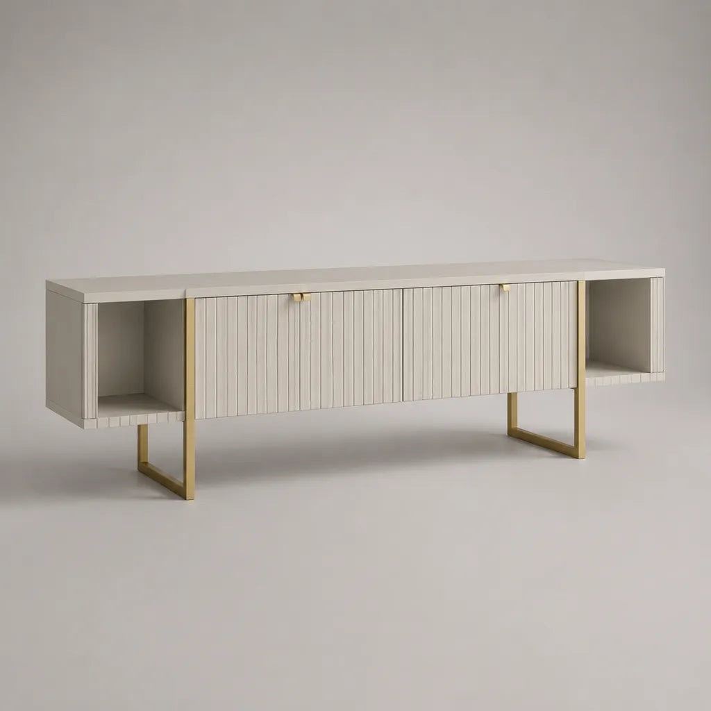 Meuble TV bas rectangulaire blanc cassé et doré à 2 portes et 2 niches en MDF et acier, 200 × 40 × 65 cm